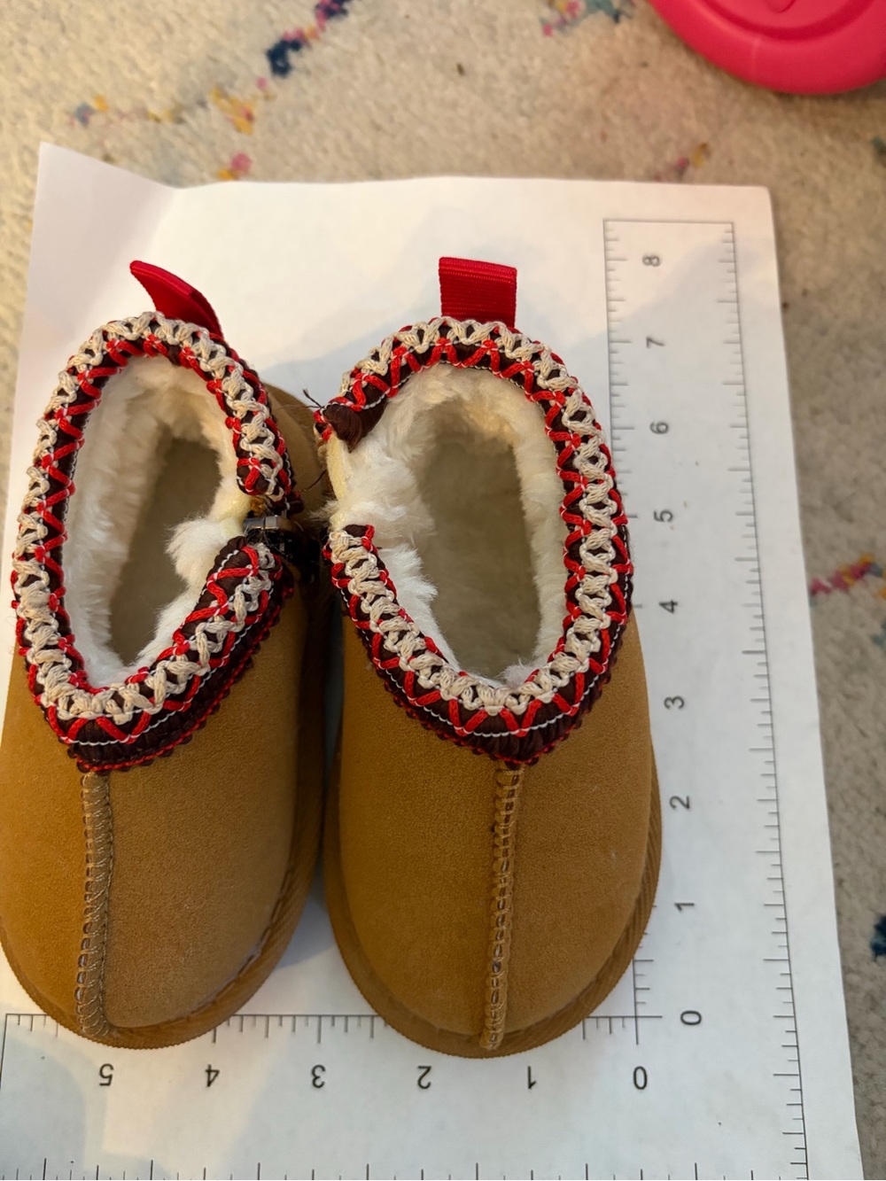 Kids Cozy Winter Slip-On Booties in Tan and Red 5.5